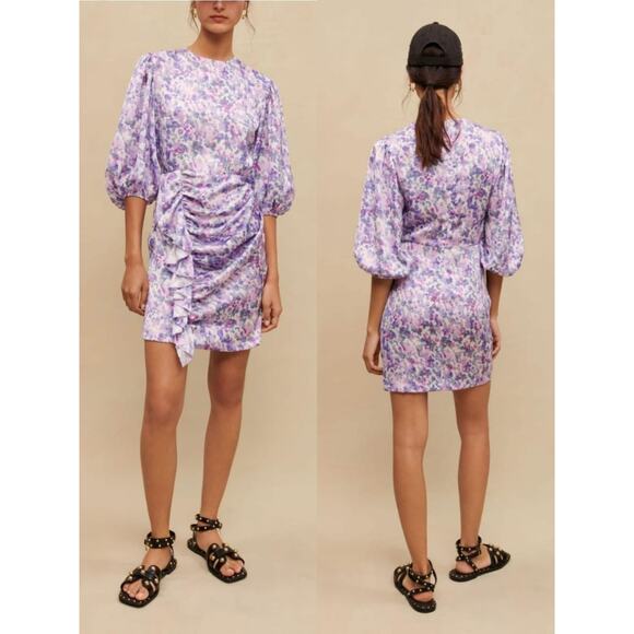 NWT Maje Ruvard Floral Rushed Ruffle 3/4 Sleeves Sheath mini Dress Size 36